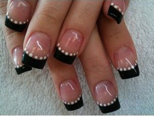 Black french manicure tips and white polka dot