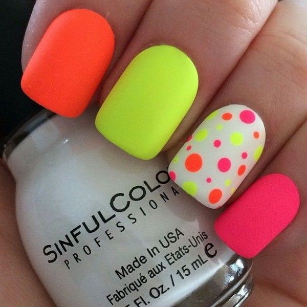 Neon Polka dots on a white nail