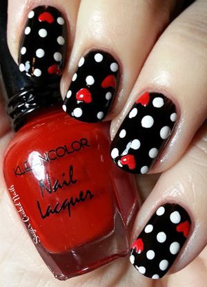 Romantic black with white polka dots and red hearts