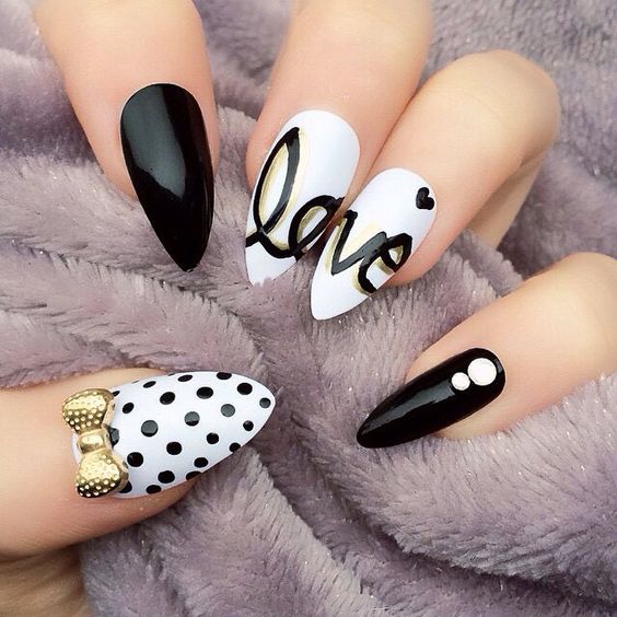 Unique Polka dots, love and bow nail art