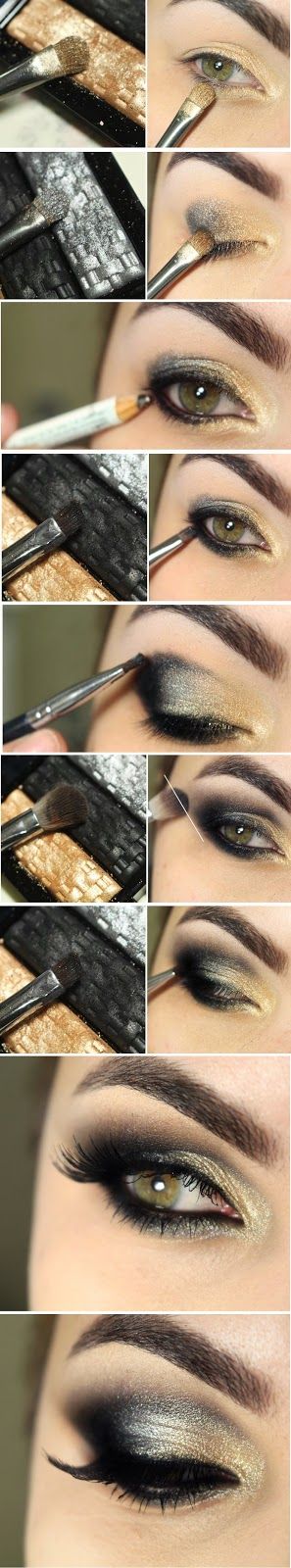 Beautiful black and bright gold smokey eye makeup tutorial