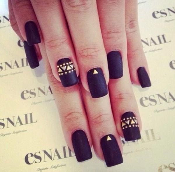 Square black and gold embellishment nail art