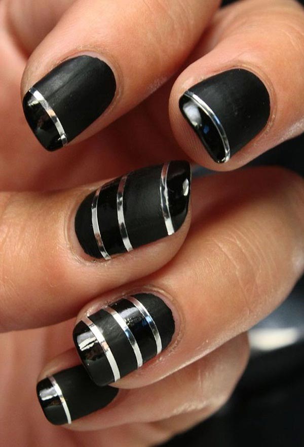 Stripped nail art designs in black and silver