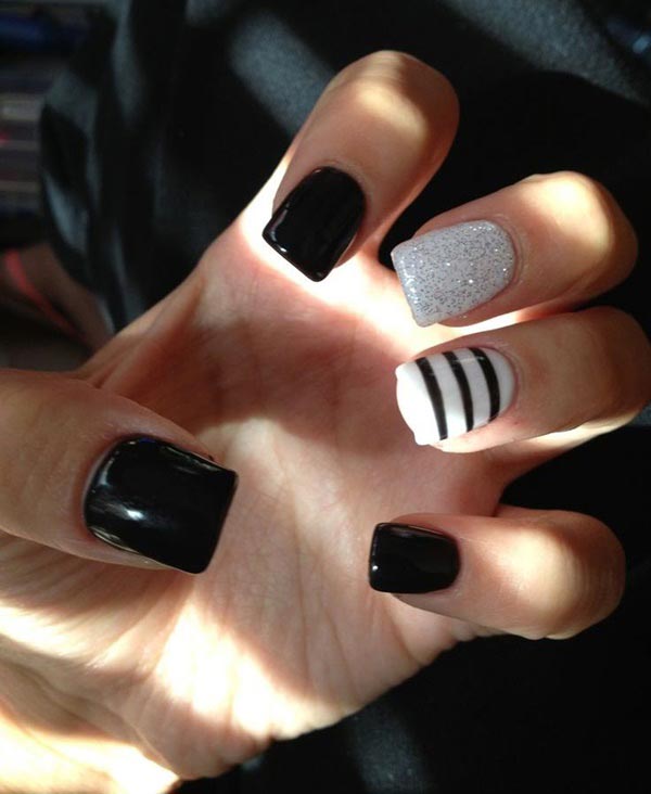 Stripped and glittering nail art designs in black and white