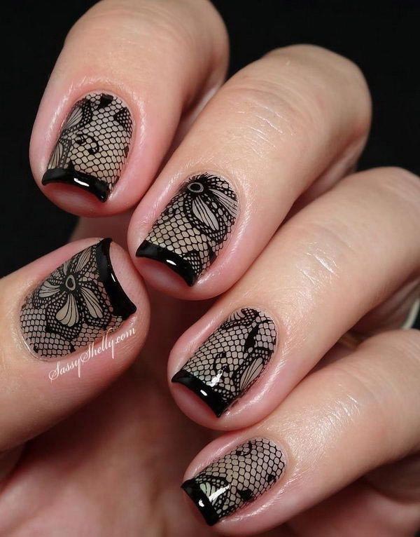 Beautiful flower lace design nails in black