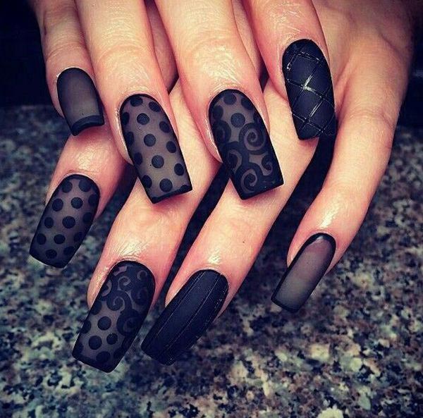 Sexy black nails with matte finish and lace pattern