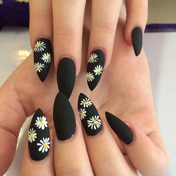 Beautiful flowers nail art on matte finish black nail polish base