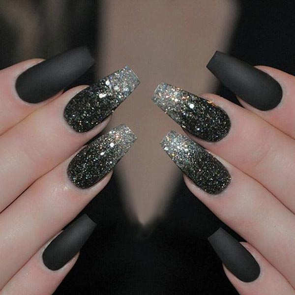 Sparkling silver and black nail art 