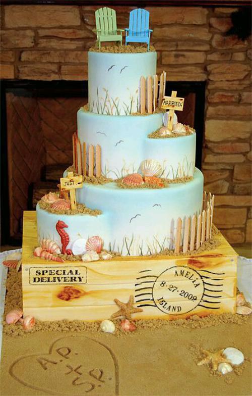 Just married beach wedding cake