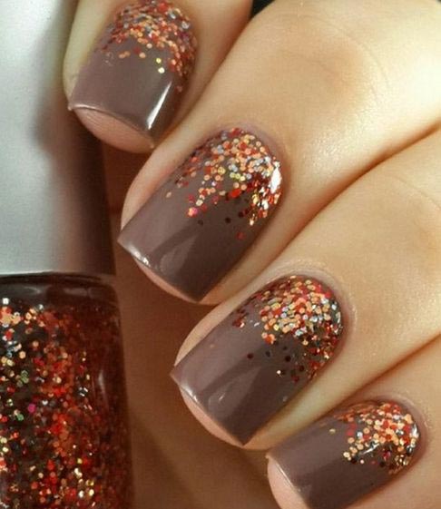 thanksgiving nail art Brown nails with copper and orange glitter