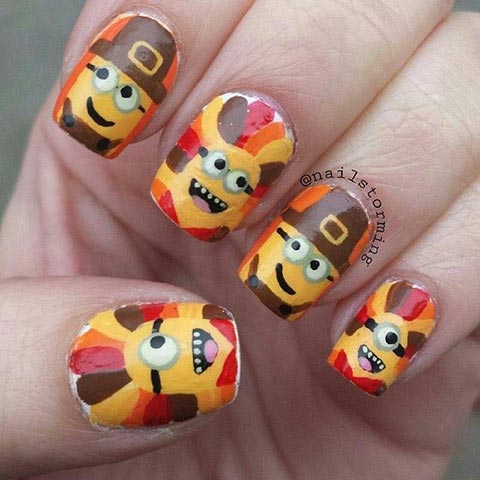 Nail art with minions as turkey