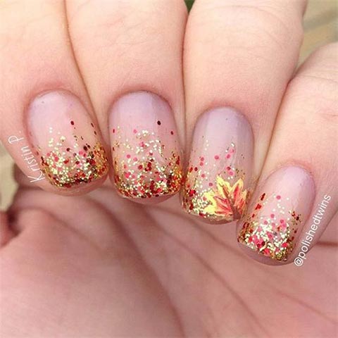 Sparkling nail art with leaves