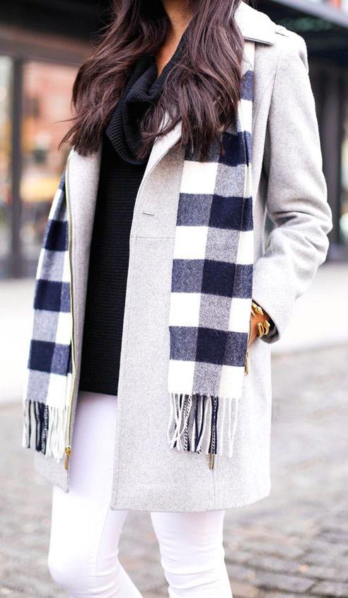 plaid scarf gray coat