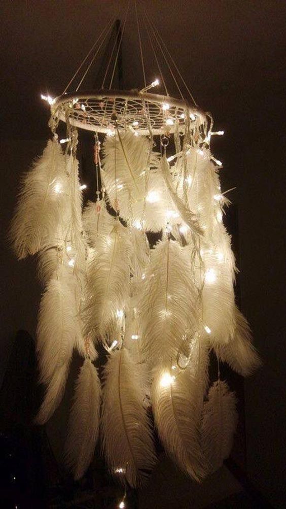 Dream catcher inspired chandelier with lights