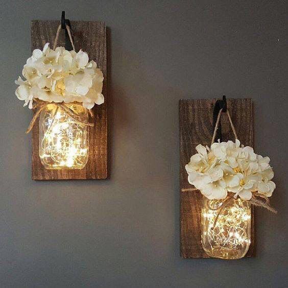 Mason jar wall decor with lights