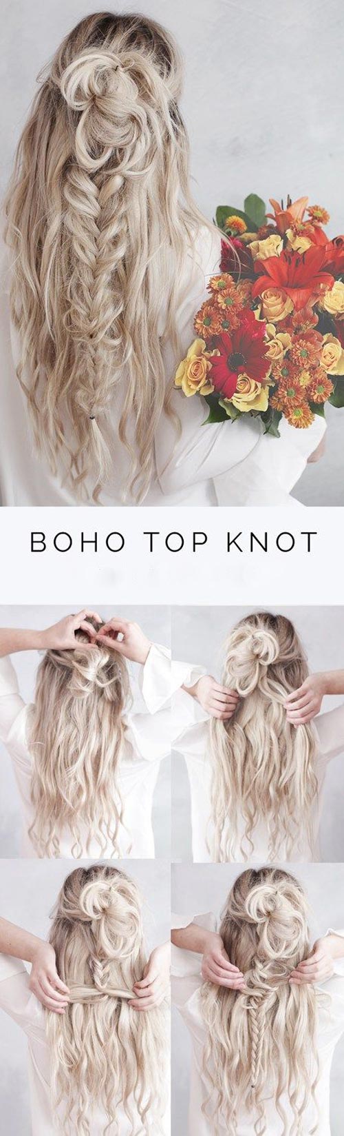 Boho top knot with fish braid