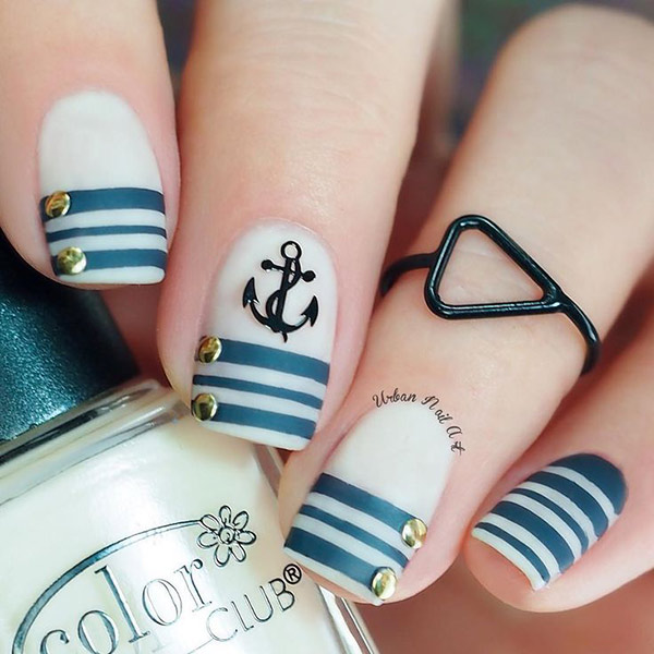 Navy Blue Strips on white nails with anchor