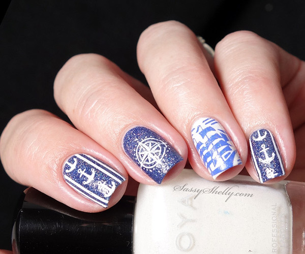 Nautical nail art with all navy on your nails