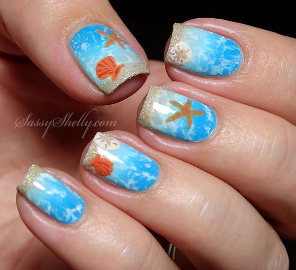 Blue Ocean with golden starfish nautical nail art