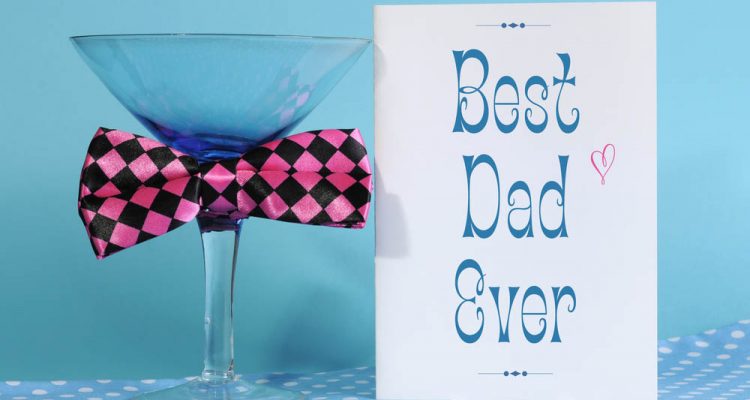 Happy Fathers Day, Best Dad Ever, greeting card with blue martini glass and fun pink check bow tie, on blue and polka dot background.
