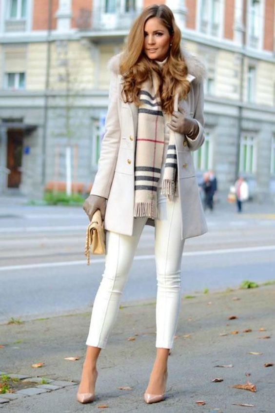 style white jeans up with the burberry scarf 