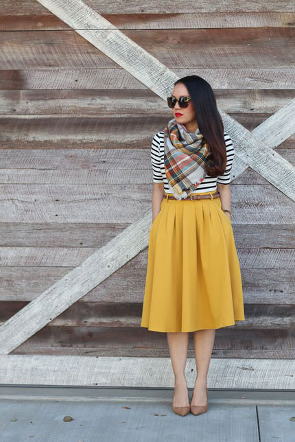 Try It With A Scarf And A Mustard Skirt striped t-shirt
