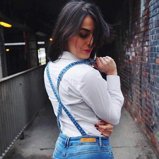 dungaree on white shirt