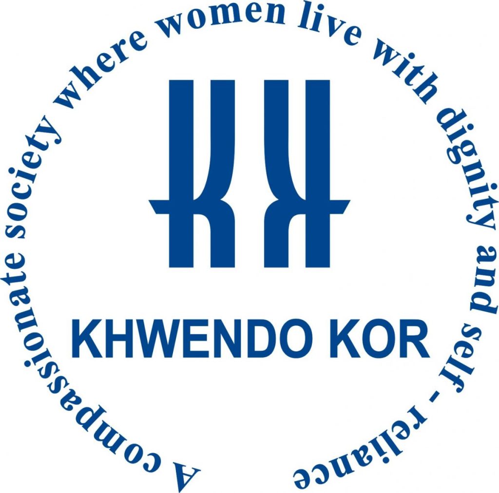 Logo of Khwendo Kor, featuring stylized text and symbolic imagery representing empowerment and community development.