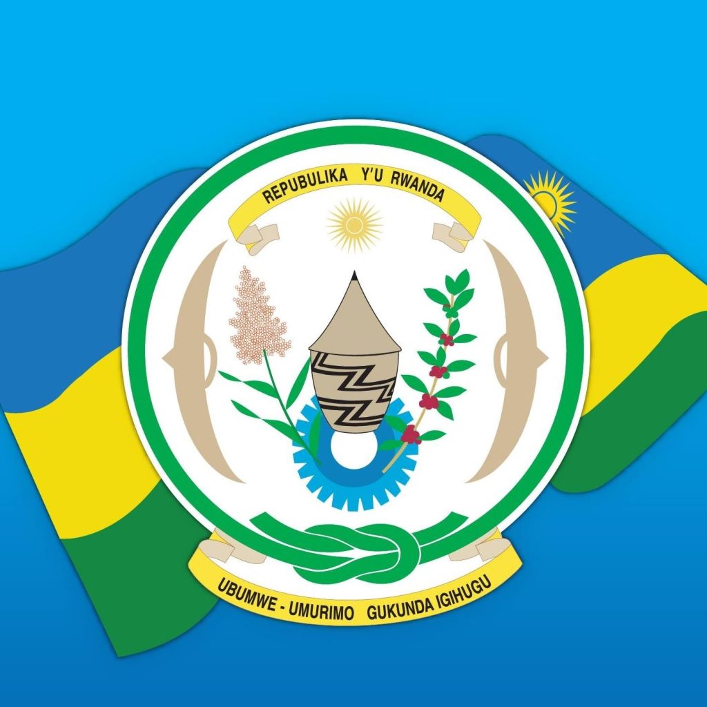 Emblem of the Rwandan government featuring a traditional shield and spears, representing strength and sovereignty.