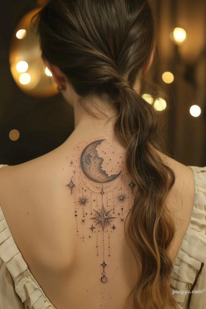 Celestial tattoos, capturing the mystical allure of the cosmos with intricate designs of stars, moons, and planets, symbolizing spirituality, wonder, and the vastness of the universe.