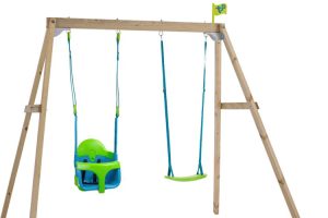 Wooden swing for outdoor play.
