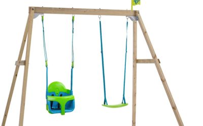 Wooden swing for outdoor play.