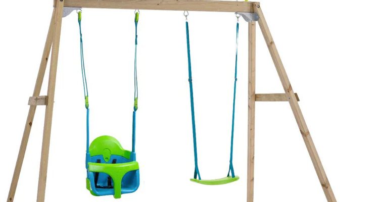 Wooden swing for outdoor play.